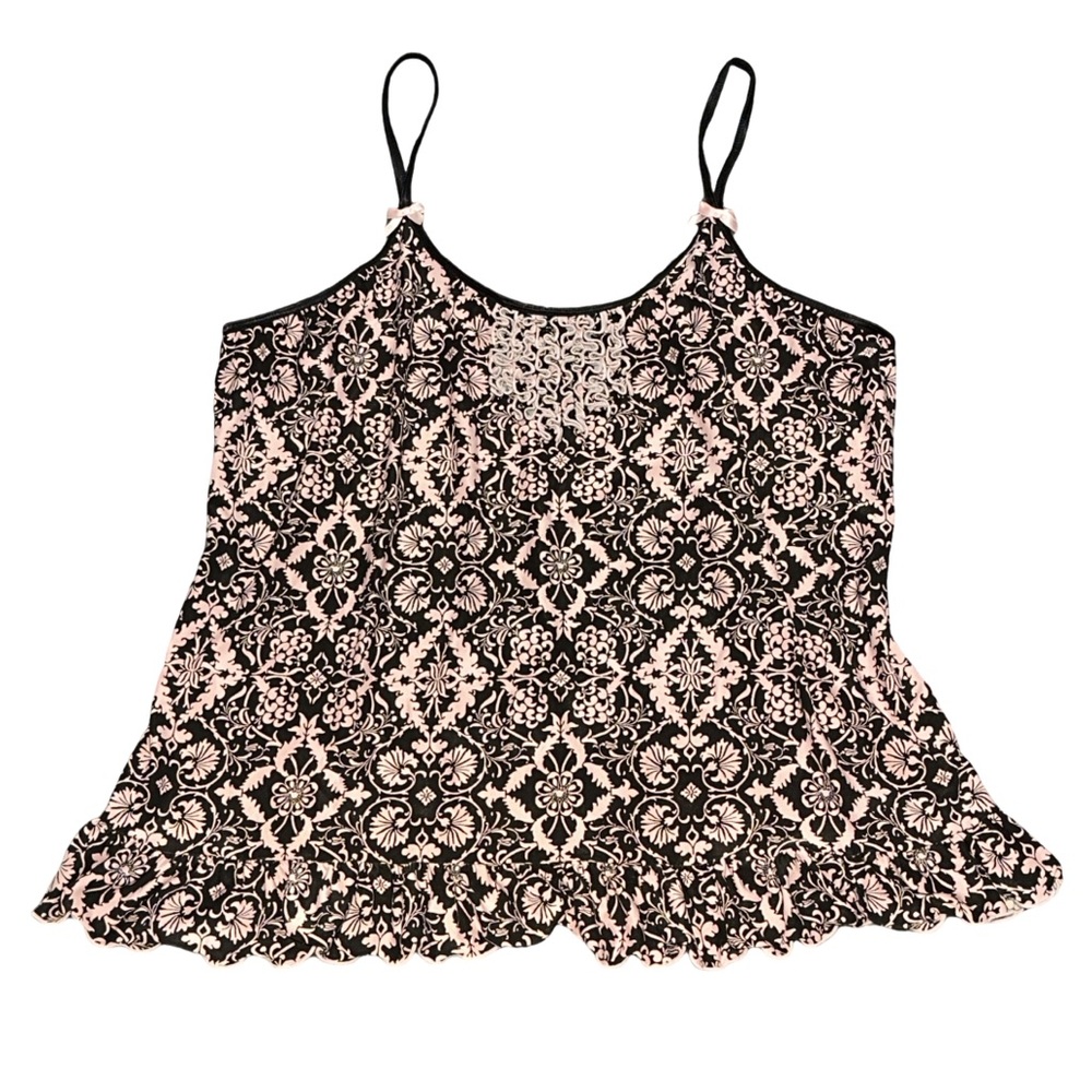 LINEA DONNATELLA women's black and pink floral frilly tank with bows, size XL.